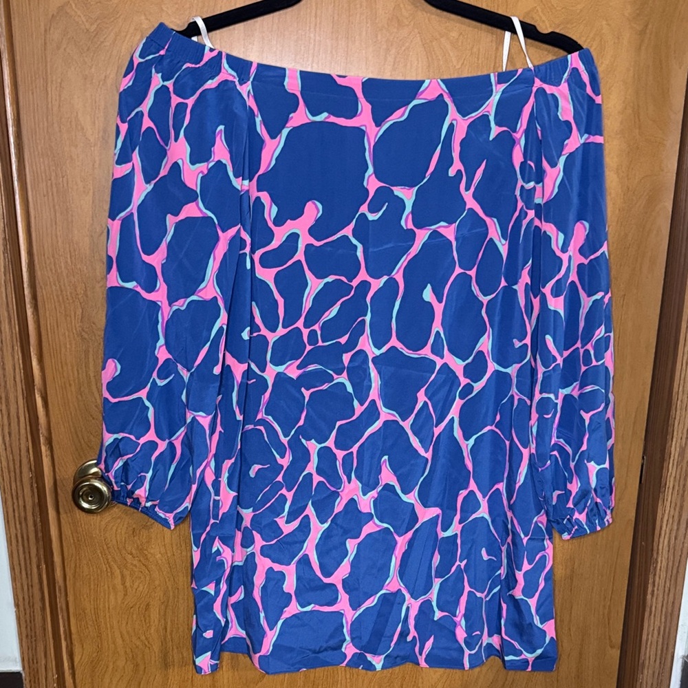 Lilly Pulitzer Blue Off Shoulder Silk Adira Dress Pink Broken Shaker Medium